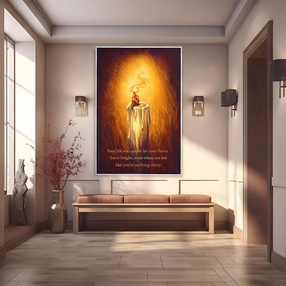Tablou canvas cu tablou canvas cu lumanare si mesaj motivational, in rama de aluminiu argintiu